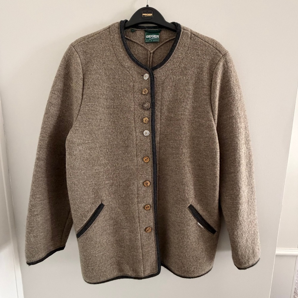 Geiger Collections Boiled Wool Jacket Cardigan Taupe Brown Made in Austria 42 LG